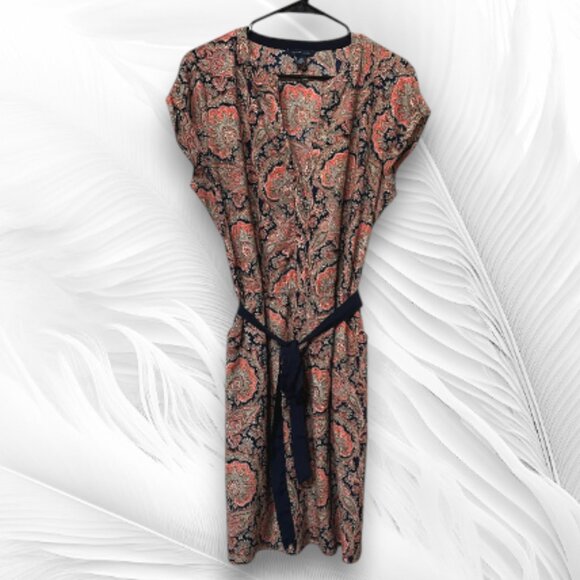 Tommy Hilfiger Navy Orange Paisley Print Belted Dress - Picture 1 of 7